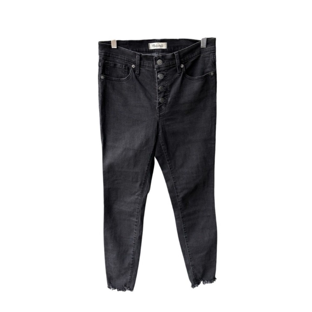 Madewell Jeans Pants 9 Inch Mid Rise Skinny Button Fly Raw Hem Black H3026 Sz 28